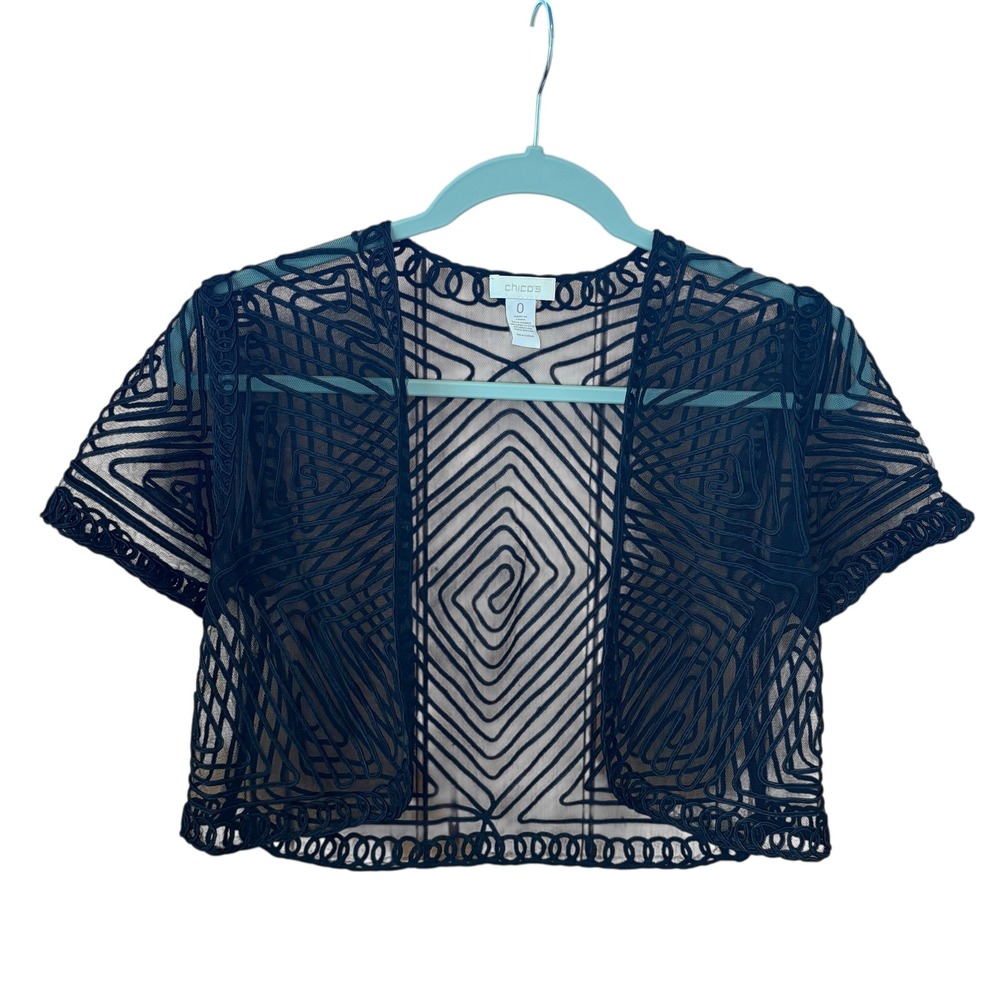 Chico's Black Sheer‎ Suri Soutache Shrug Embellished Short Sleeve Bolero Small